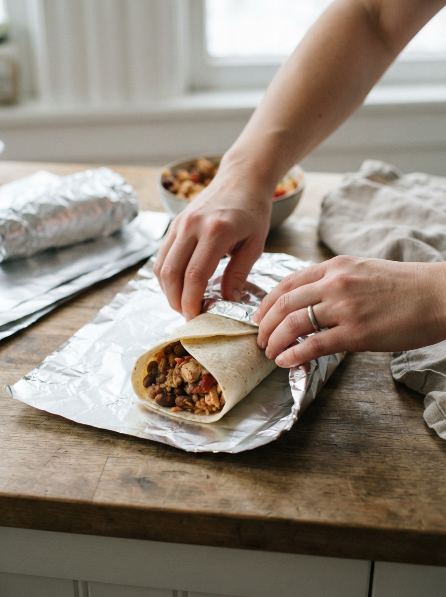 Make-Ahead Freezer Breakfast Burritos 6 Make-Ahead Freezer Breakfast Burritos Close-up of hands rolling and wrapping a burrito in foil