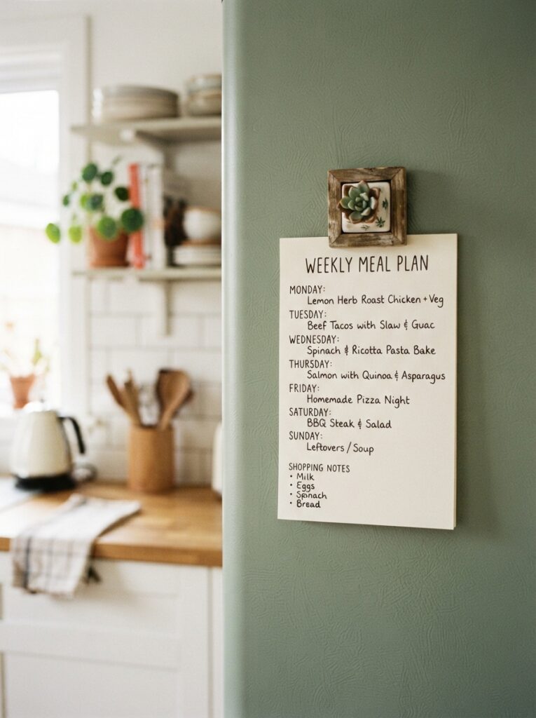 15 Cooking Tips for Busy Families to Save Time, Eat Healthier, and Stress Less 3 15 Cooking Tips for Busy Families to Save Time, Eat Healthier, and Stress Less Handwritten weekly meal plan on a notepad stuck to the fridge