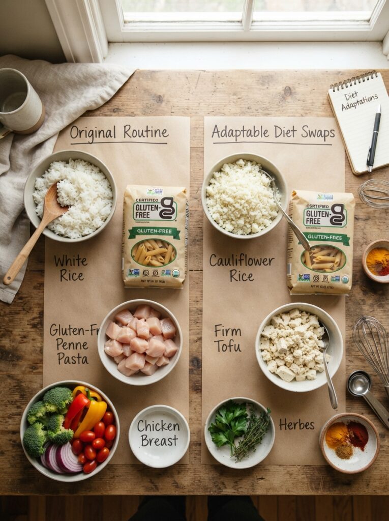 Flat lay of ingredient swaps for different diets including tofu and cauliflower rice