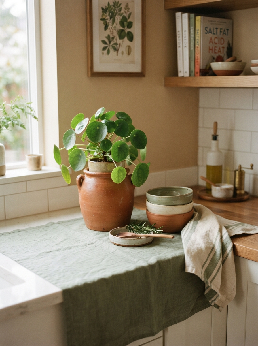 Small Kitchen Decor on a Rental Budget 6 Small Kitchen Decor on a Rental Budget Styled kitchen counter corner with a linen runner and terracotta jar