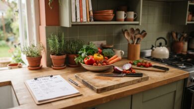 Family kitchen counter with a weekly meal plan and fresh vegetables