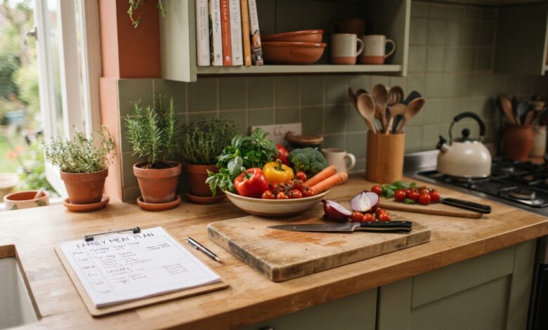 15 Cooking Tips for Busy Families to Save Time, Eat Healthier, and Stress Less 1 15 Cooking Tips for Busy Families to Save Time, Eat Healthier, and Stress Less Family kitchen counter with a weekly meal plan and fresh vegetables