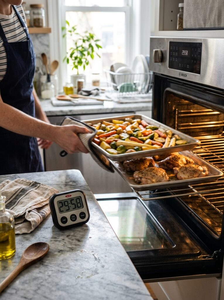 Kitchen timer on a counter next to sheet pans going into the oven