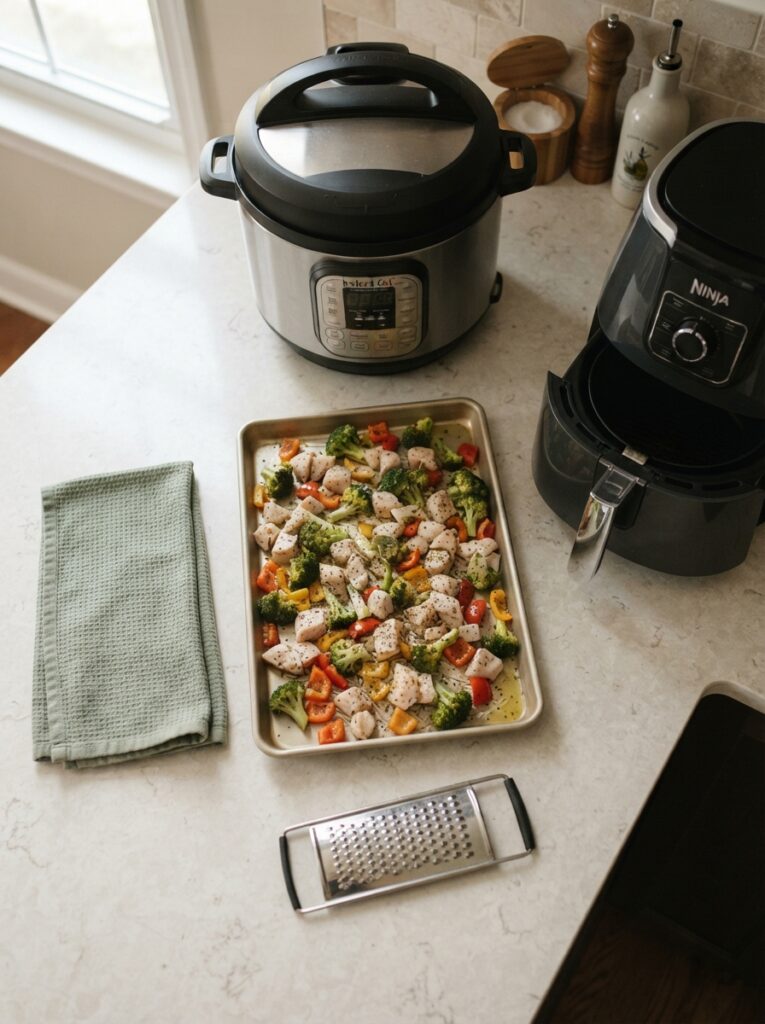 15 Cooking Tips for Busy Families to Save Time, Eat Healthier, and Stress Less 10 15 Cooking Tips for Busy Families to Save Time, Eat Healthier, and Stress Less Slow cooker, air fryer, and sheet pan on a kitchen counter
