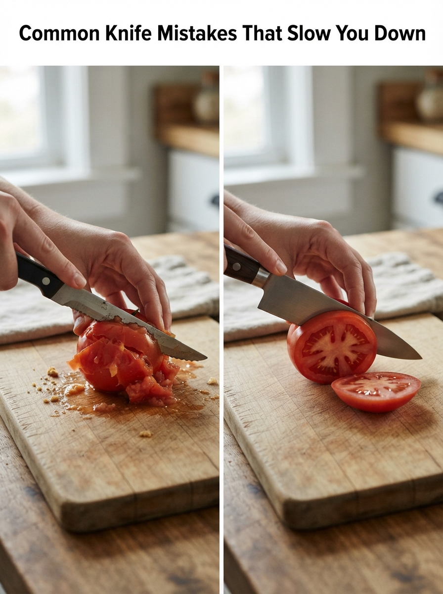 Knife Skills Every Home Cook Should Know 8 Knife Skills Every Home Cook Should Know Comparison of a knife sawing awkwardly versus slicing cleanly through a tomato