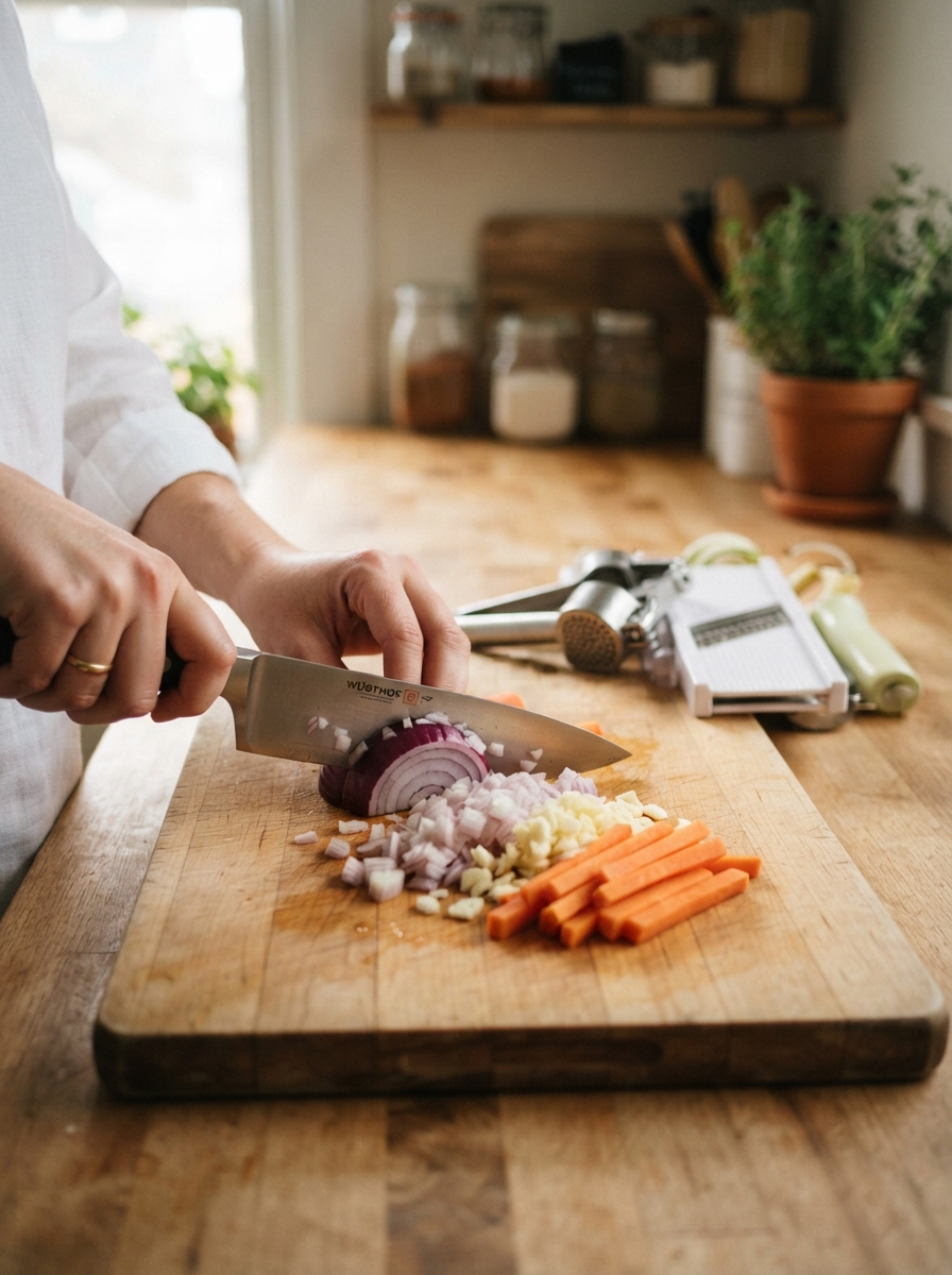 Knife Skills Every Home Cook Should Know 2 Knife Skills Every Home Cook Should Know Single sharp chef's knife next to unused kitchen gadgets pushed to the side