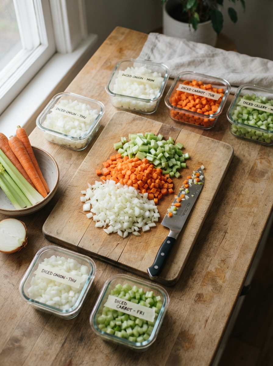 Knife Skills Every Home Cook Should Know 9 Knife Skills Every Home Cook Should Know Diced onions, carrots, and celery portioned into small glass containers for the fridge