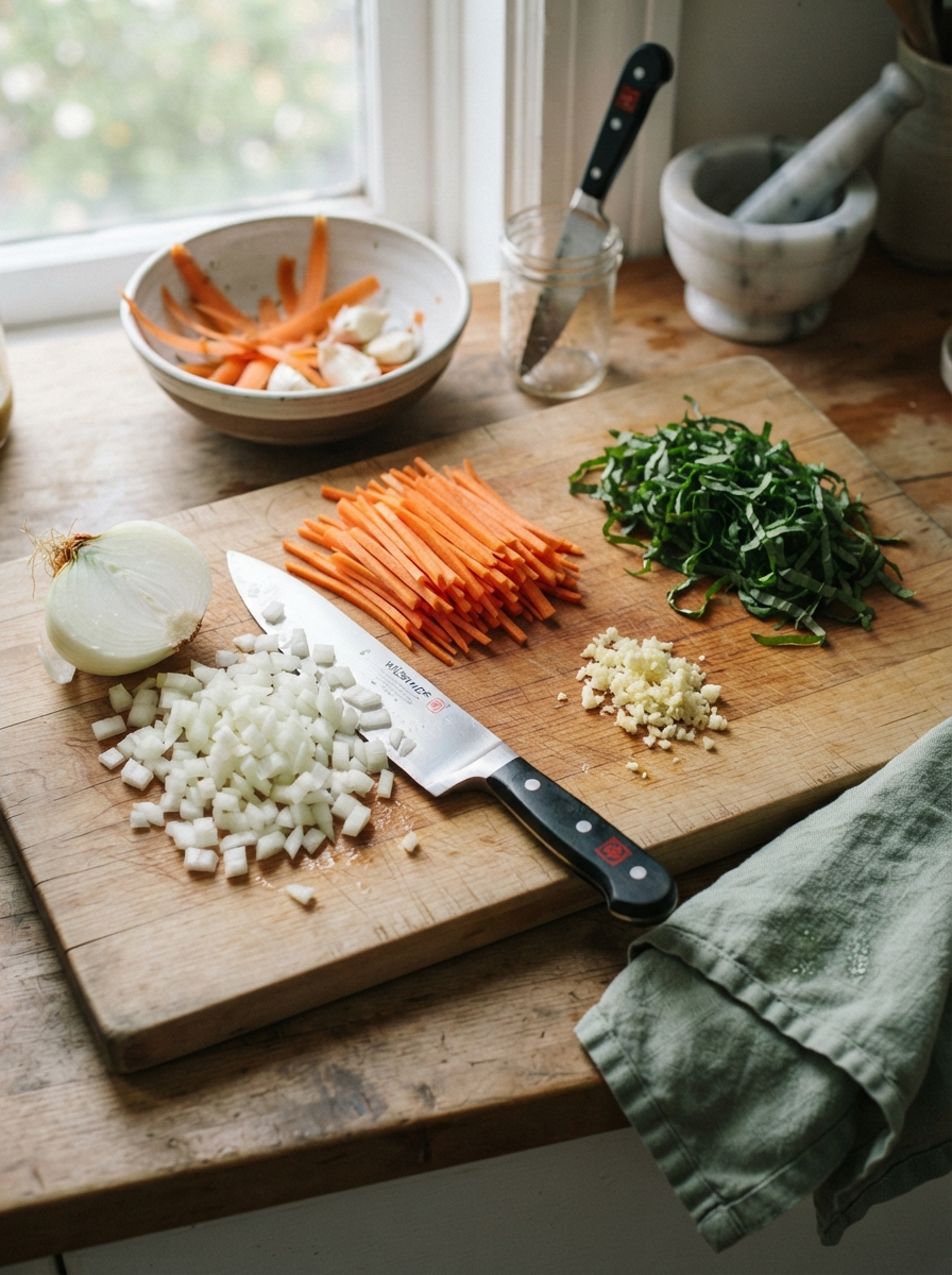 Knife Skills Every Home Cook Should Know 10 Knife Skills Every Home Cook Should Know Cutting board with a partially diced onion, julienned carrot, minced garlic, and chiffonade basil