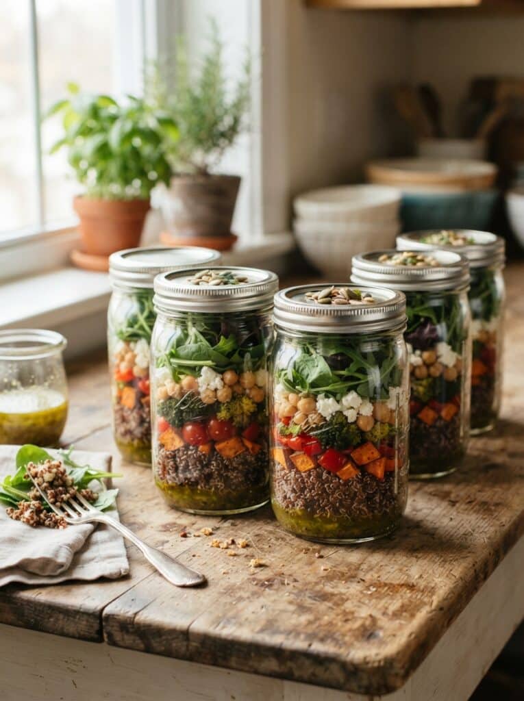 Layered mason jar salad with quinoa and roasted vegetables