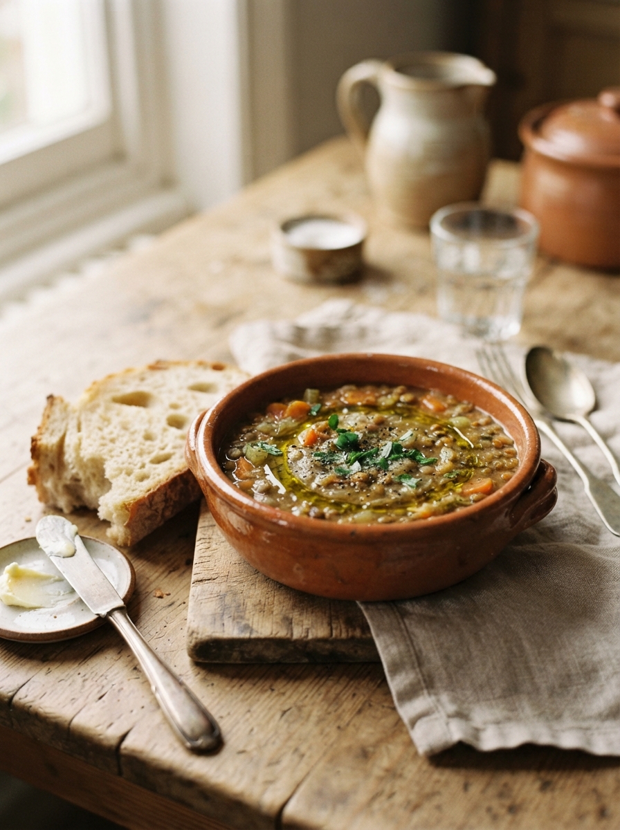 Budget Dinner Recipes Under $10 4 Budget Dinner Recipes Under $10 Terracotta bowl of lentil soup with a swirl of olive oil, served with bread