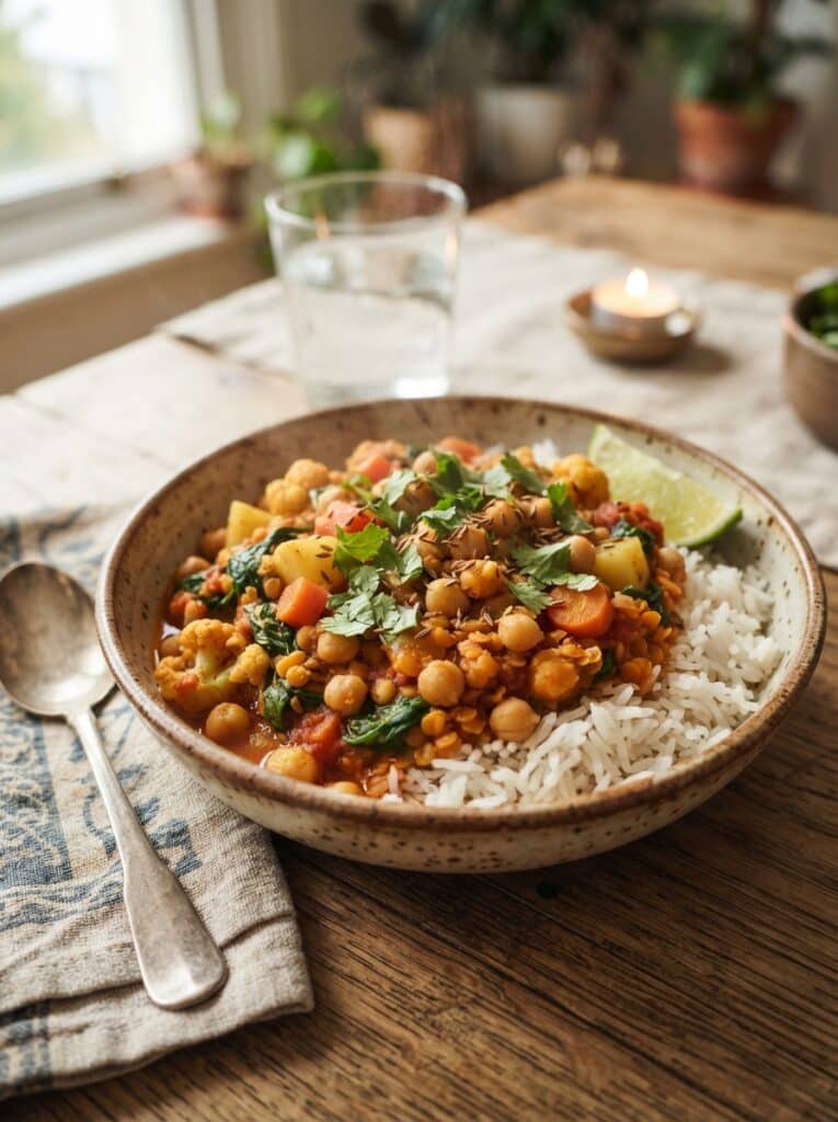 Bowl of lentil and vegetable curry over rice