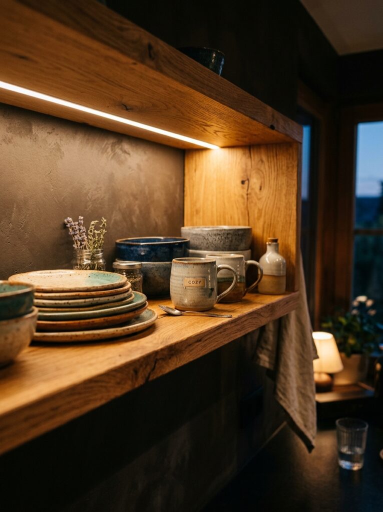 Open Shelving Kitchen Ideas: A Complete Styling and Installation Guide 16 Open Shelving Kitchen Ideas: A Complete Styling and Installation Guide Open wood shelf lit with warm under-shelf LED lighting