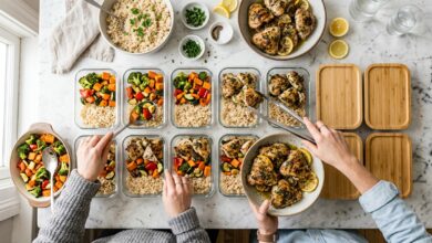 Overhead flat lay of a marble countertop covered in glass meal-prep containers filled assembly-line style