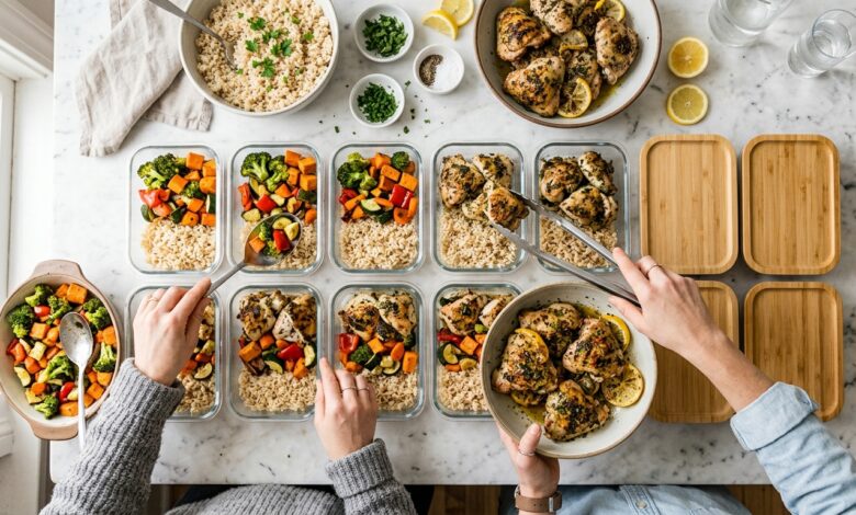 Overhead flat lay of a marble countertop covered in glass meal-prep containers filled assembly-line style