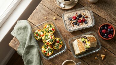 Glass meal-prep containers with high-protein breakfasts arranged on a wood table