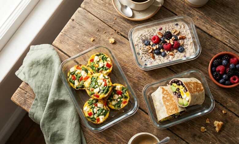 Glass meal-prep containers with high-protein breakfasts arranged on a wood table