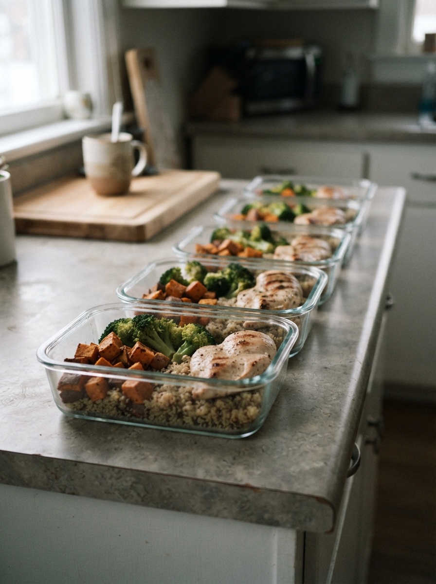 How to Meal Prep Without Getting Bored of Eating the Same Thing 2 How to Meal Prep Without Getting Bored of Eating the Same Thing Single glass container with the same meal repeated on a counter