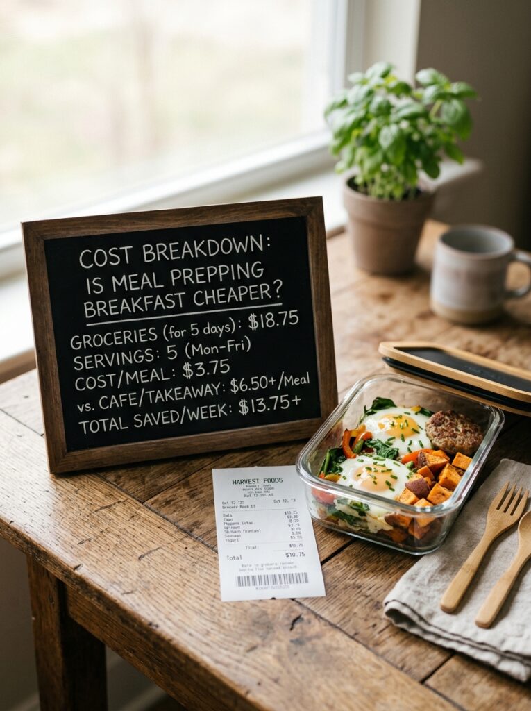 High-Protein Breakfast Ideas for Meal Prep 13 High-Protein Breakfast Ideas for Meal Prep Small receipt beside a prepped breakfast container showing cost breakdown