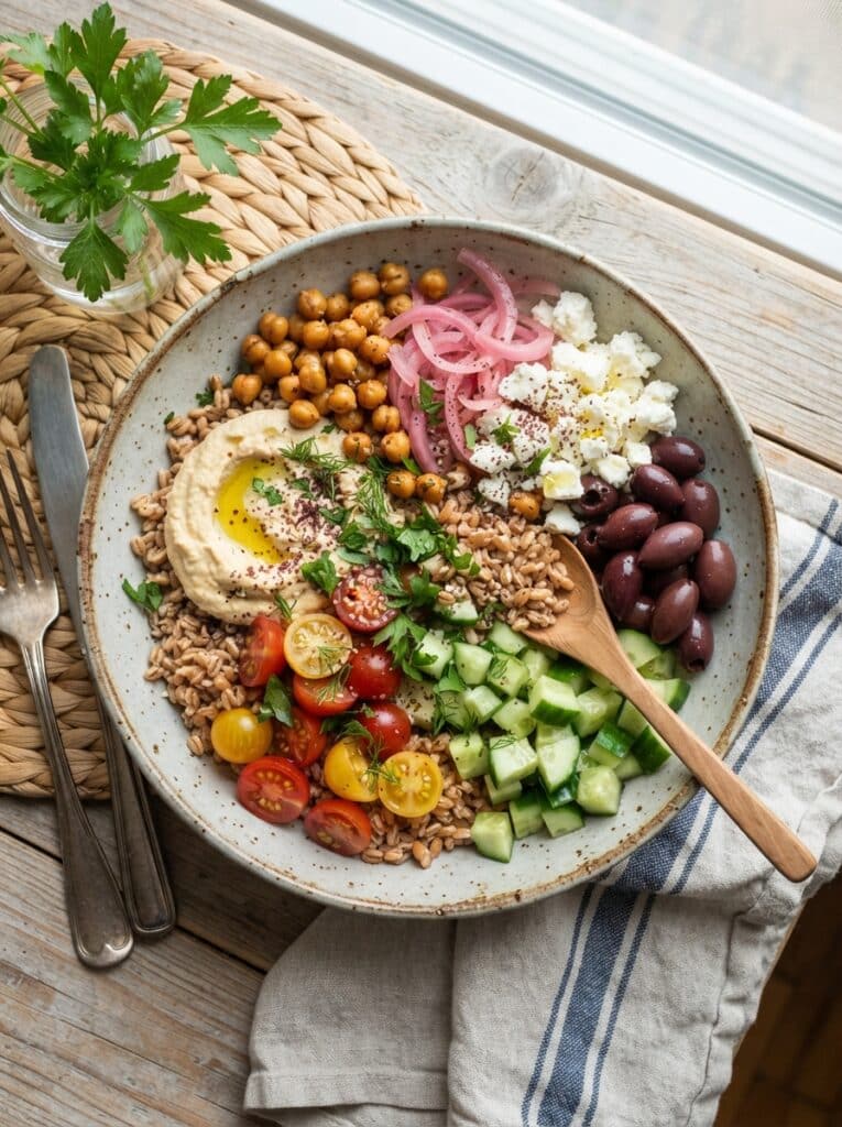 Mediterranean grain bowl with hummus, olives, and cucumber