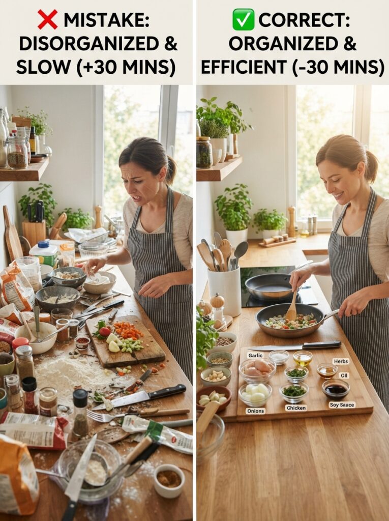 Split image comparing a cluttered counter to an organized staged one
