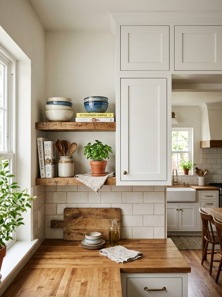 Open Shelving Kitchen Ideas: A Complete Styling and Installation Guide 12 Open Shelving Kitchen Ideas: A Complete Styling and Installation Guide Kitchen wall with one open wood shelf beside a closed white cabinet