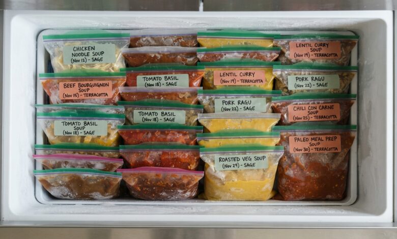 Open chest freezer filled with neatly labeled bags of frozen meals