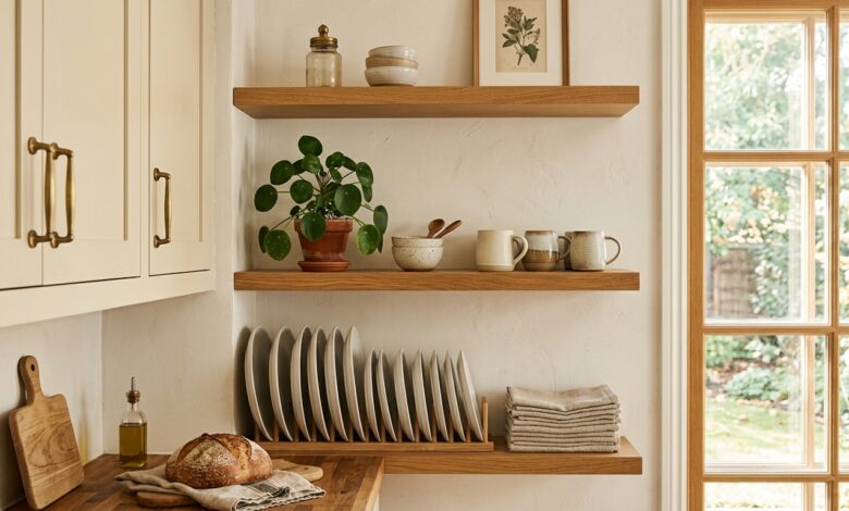 Styled open shelf with white ceramic plates and a potted plant in a sunlit kitchen