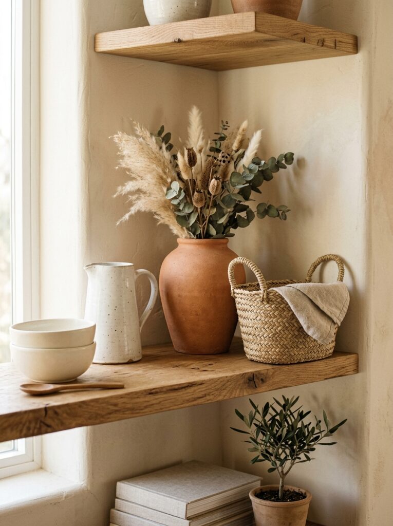 Open Shelving Kitchen Ideas: A Complete Styling and Installation Guide 9 Open Shelving Kitchen Ideas: A Complete Styling and Installation Guide Open shelf styled in a warm neutral palette with ceramic and wood pieces