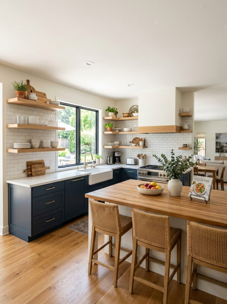 Open Shelving Kitchen Ideas: A Complete Styling and Installation Guide 15 Open Shelving Kitchen Ideas: A Complete Styling and Installation Guide Professionally styled kitchen with open shelving in listing-photo lighting