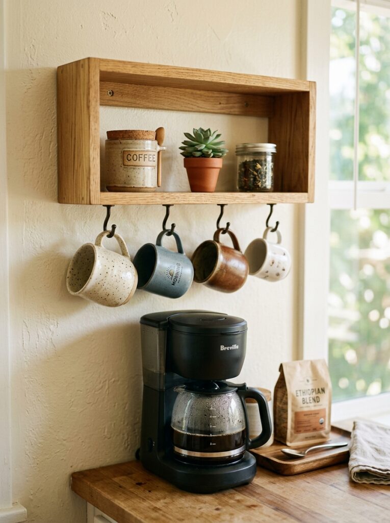 Open Shelving Kitchen Ideas: A Complete Styling and Installation Guide 13 Open Shelving Kitchen Ideas: A Complete Styling and Installation Guide Small open shelf above a coffee maker holding mugs and a plant