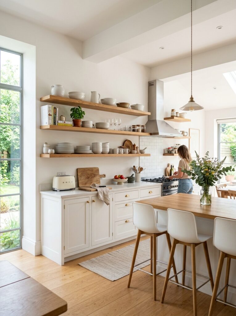 Open Shelving Kitchen Ideas: A Complete Styling and Installation Guide 2 Open Shelving Kitchen Ideas: A Complete Styling and Installation Guide Bright kitchen with open wood shelving replacing upper cabinets