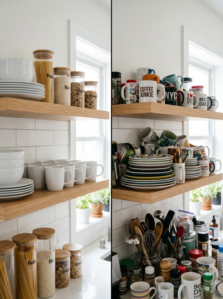 Open Shelving Kitchen Ideas: A Complete Styling and Installation Guide 3 Open Shelving Kitchen Ideas: A Complete Styling and Installation Guide Side-by-side comparison of an organized open shelf and a cluttered one