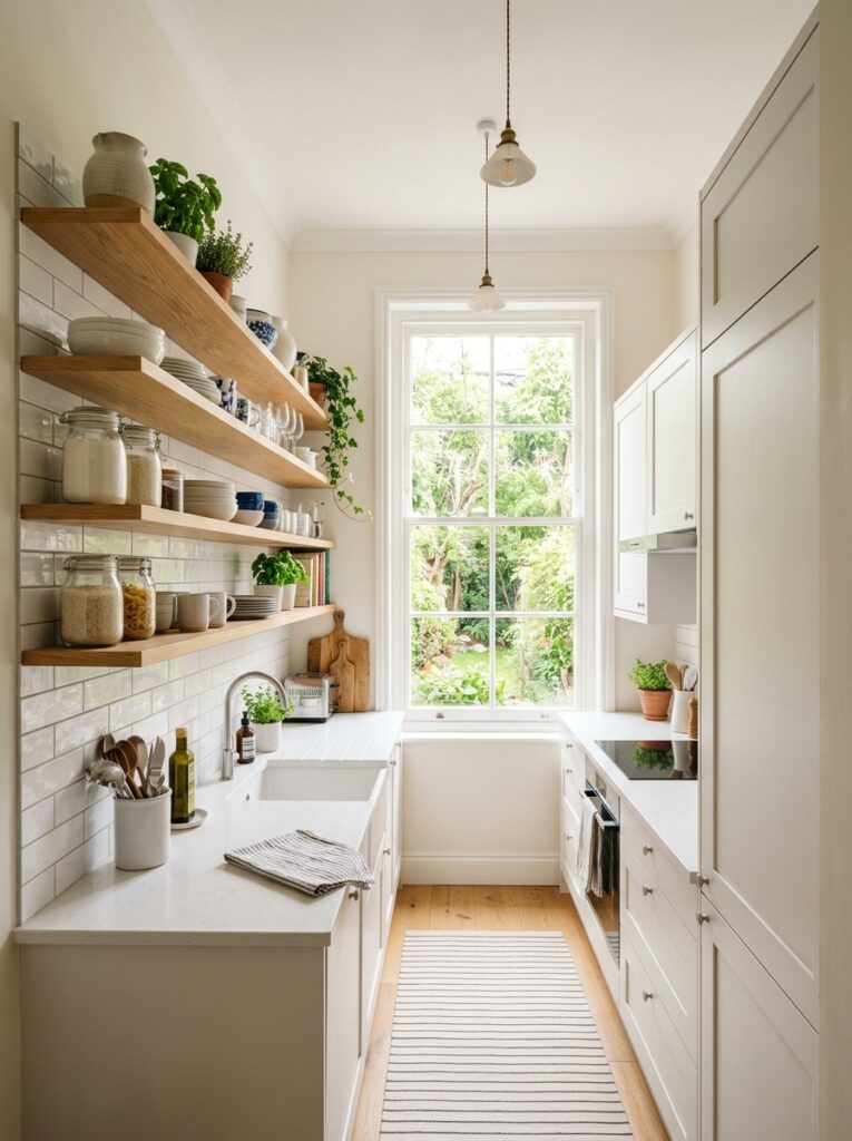Open Shelving Kitchen Ideas: A Complete Styling and Installation Guide 10 Open Shelving Kitchen Ideas: A Complete Styling and Installation Guide Small galley kitchen with a single run of open shelving