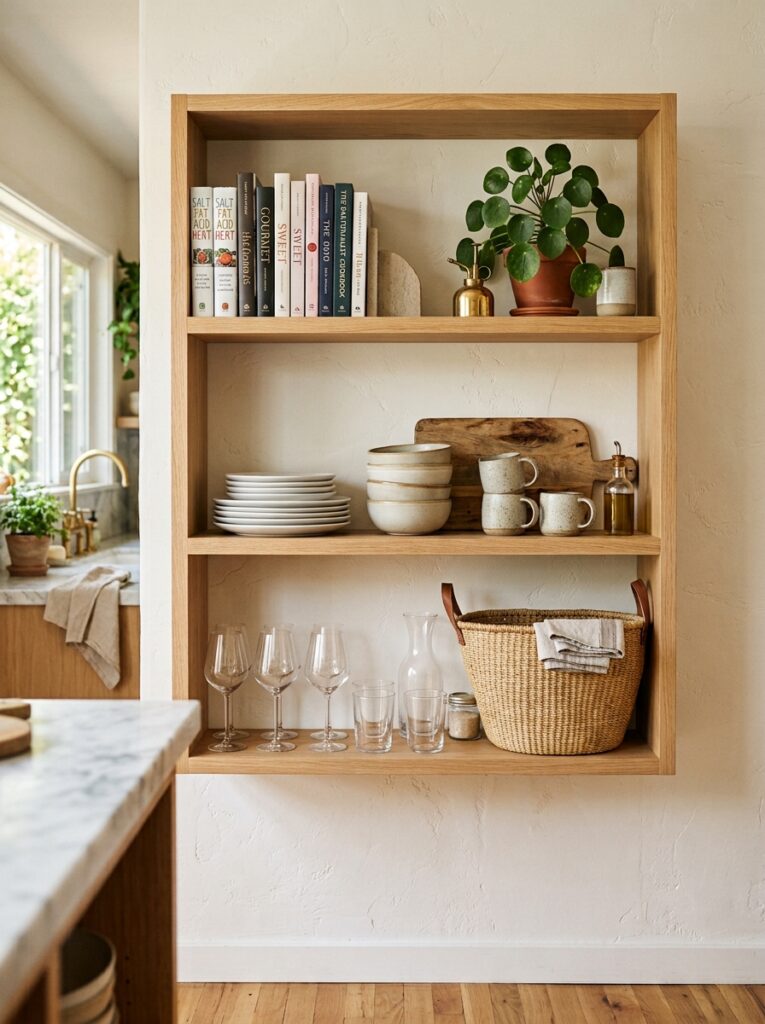 Open Shelving Kitchen Ideas: A Complete Styling and Installation Guide 21 Open Shelving Kitchen Ideas: A Complete Styling and Installation Guide Full three-shelf open shelving unit styled top to bottom
