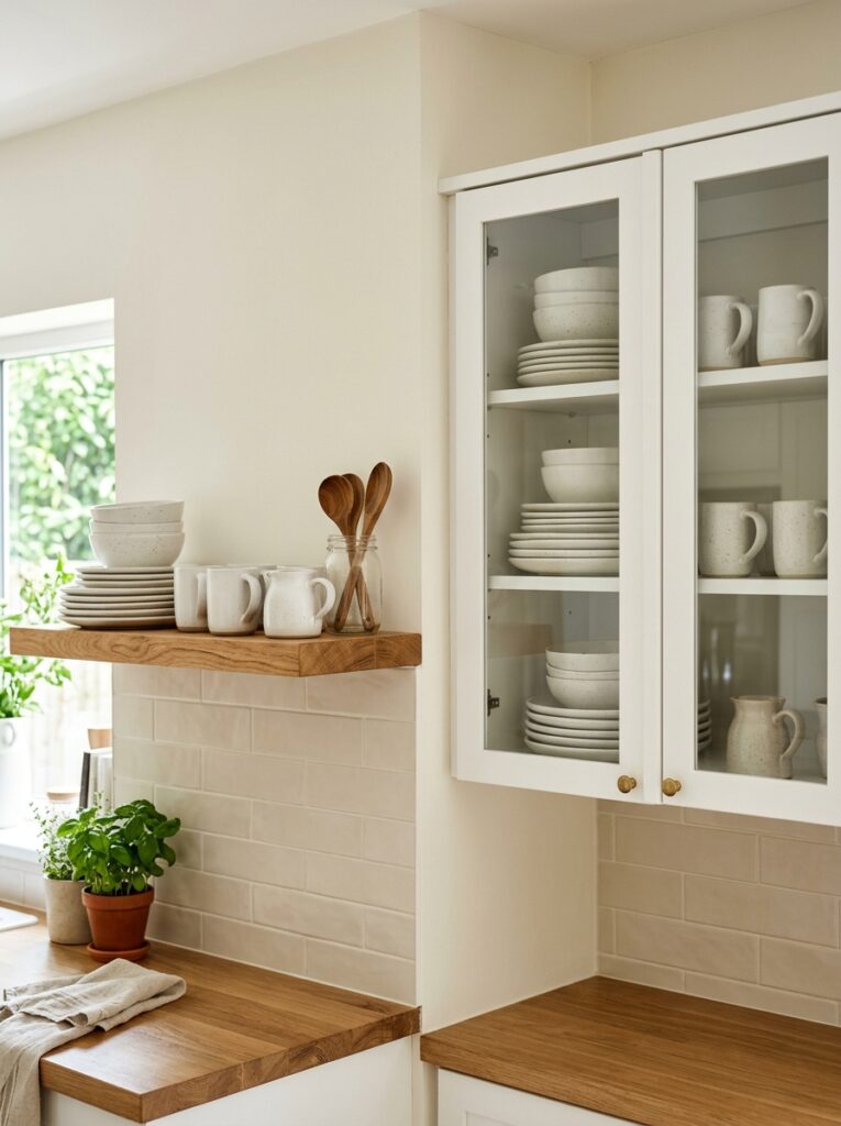 Open Shelving Kitchen Ideas: A Complete Styling and Installation Guide 14 Open Shelving Kitchen Ideas: A Complete Styling and Installation Guide Side-by-side comparison of an open wood shelf and a glass-front cabinet