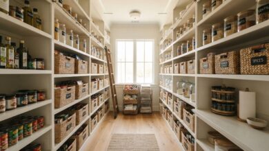 Beautifully organized walk-in pantry with labeled containers and clean shelving