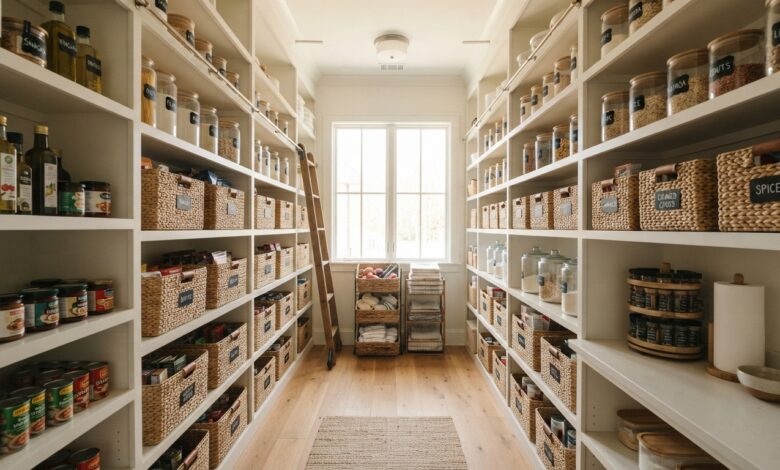 Beautifully organized walk-in pantry with labeled containers and clean shelving