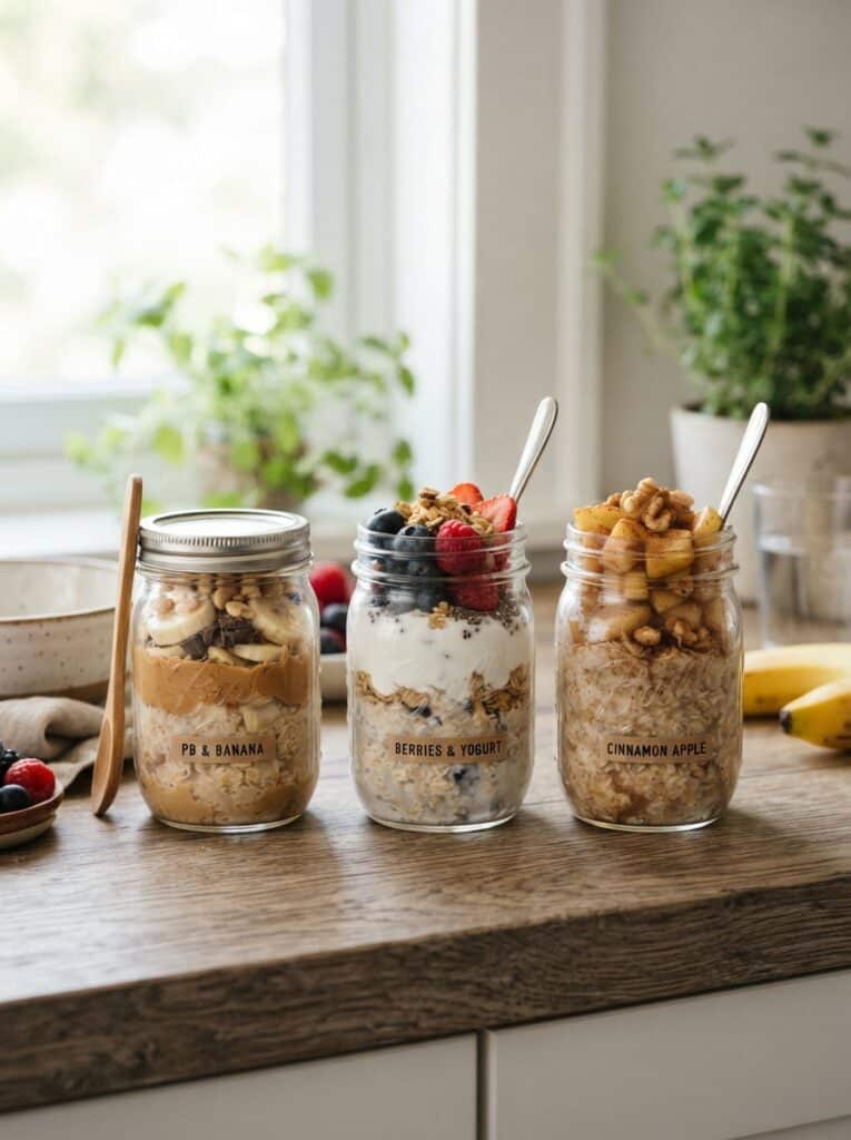 Three jars of overnight oats with different toppings