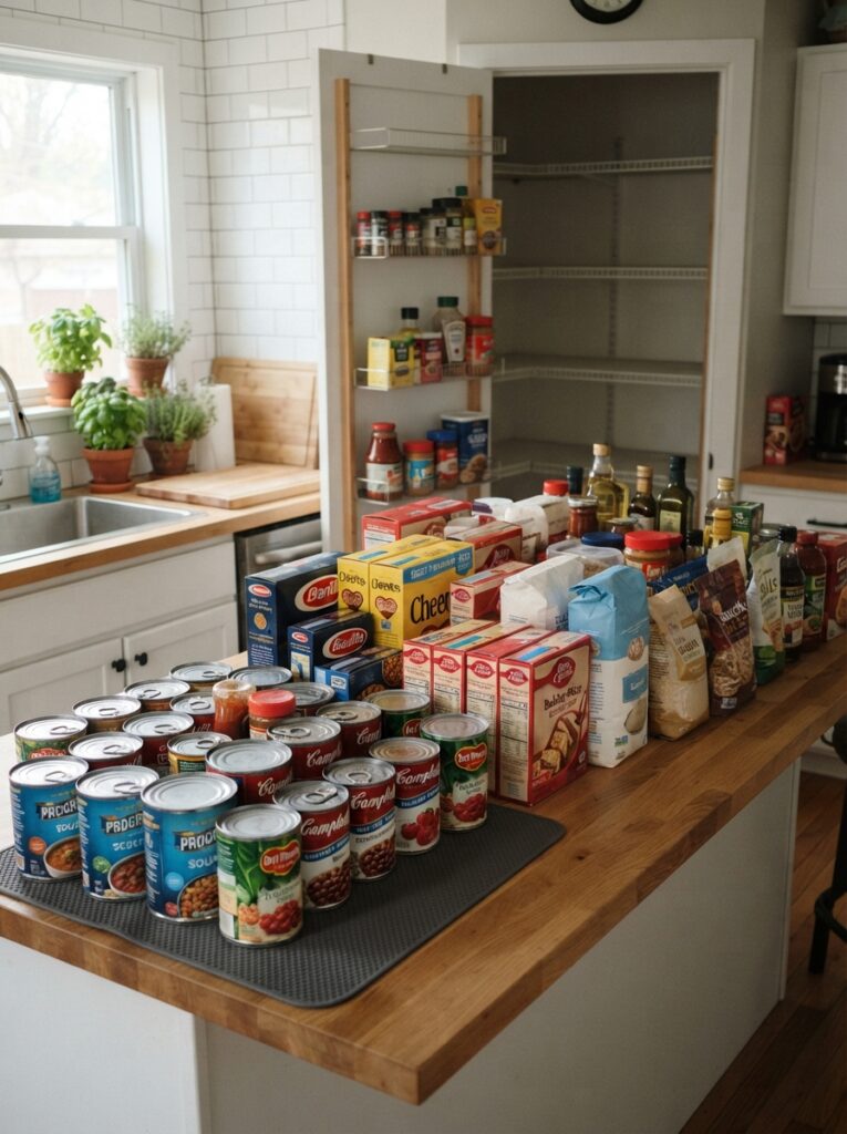 Pantry items pulled out and lined up on a kitchen counter during a clear-out