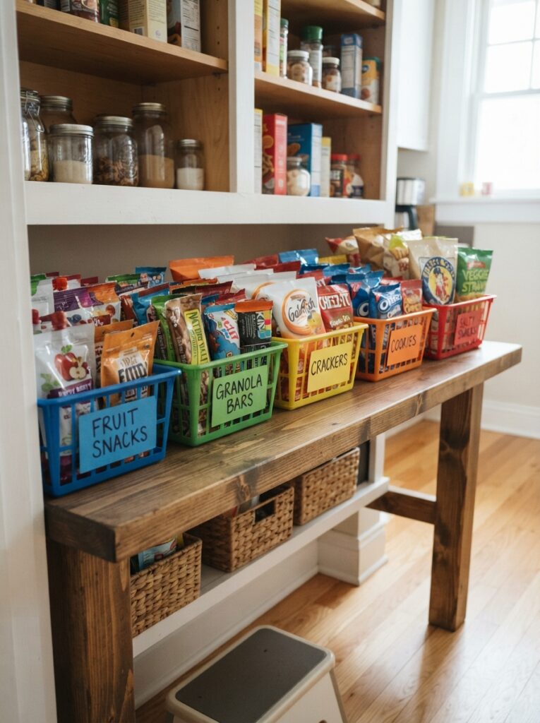 Low pantry shelf with bins of kid-friendly snacks within easy reach