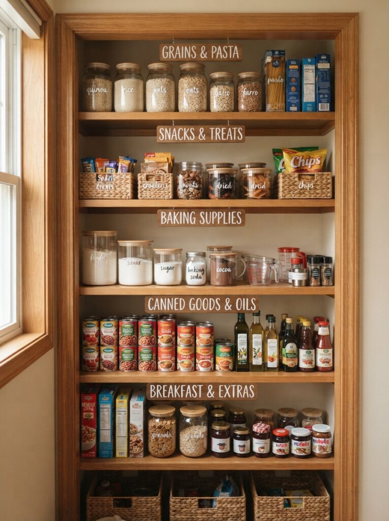 Pantry shelves organized into clear zones for grains, snacks, and baking