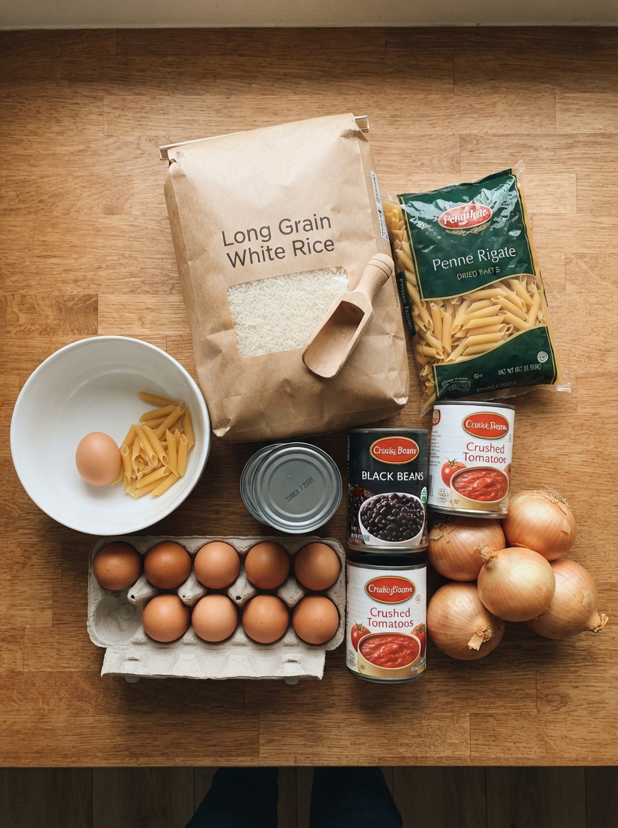 Budget Dinner Recipes Under $10 3 Budget Dinner Recipes Under $10 Overhead flat lay of pantry staples including rice, pasta, canned beans, and eggs