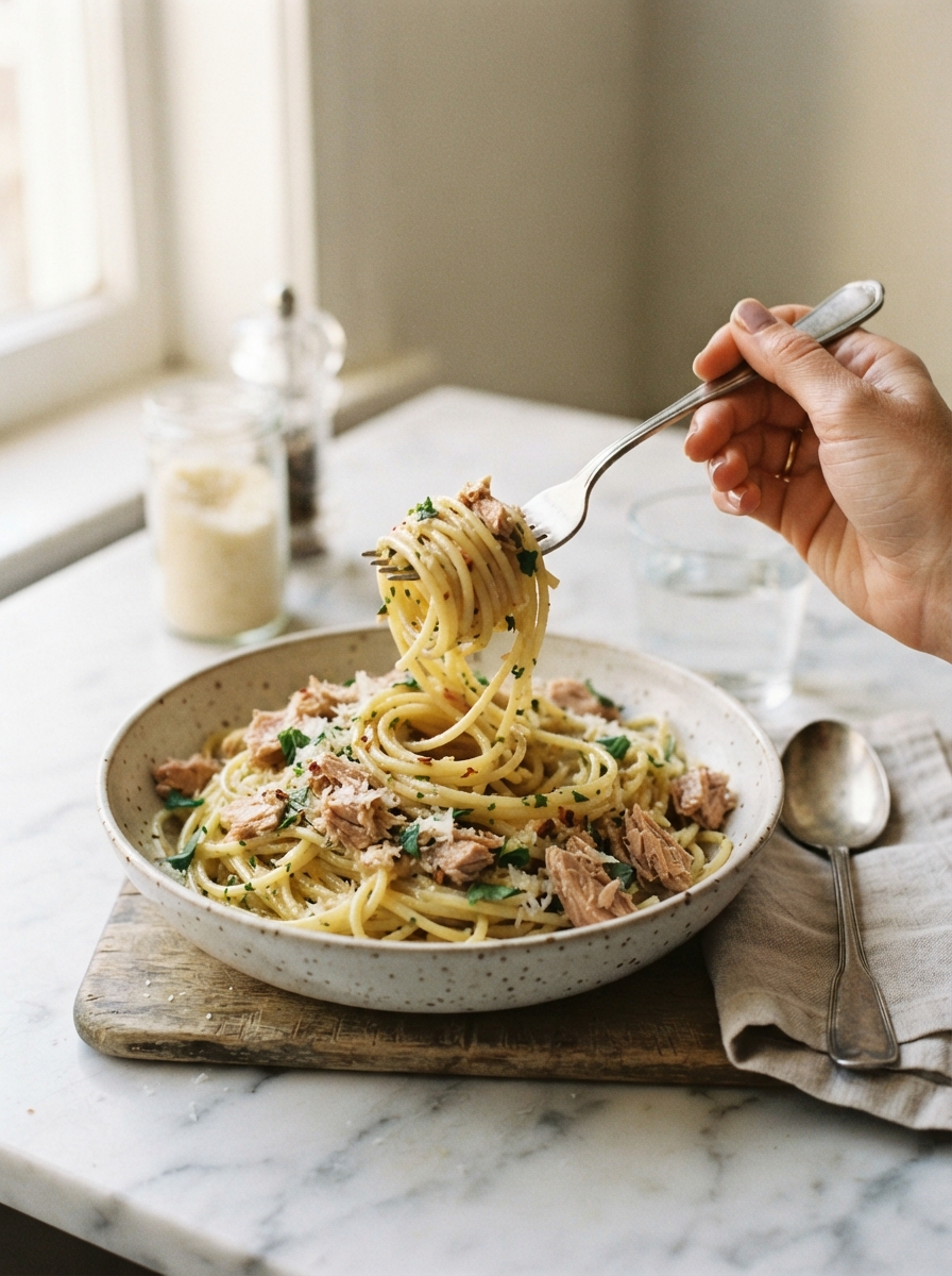Budget Dinner Recipes Under $10 6 Budget Dinner Recipes Under $10 Bowl of garlic butter pasta with canned tuna mixed through