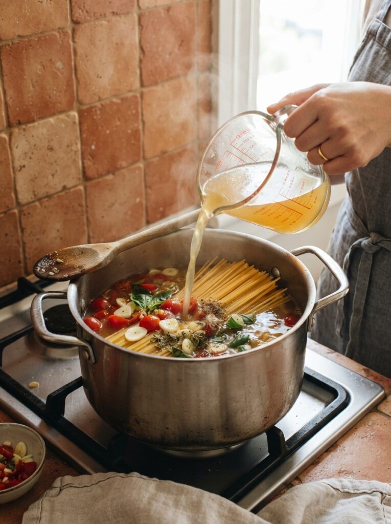 One-Pot Pasta Dinners for Busy Weeknights: 8 Easy Recipes 3 One-Pot Pasta Dinners for Busy Weeknights: 8 Easy Recipes Pasta and broth being poured into a pot for one-pot cooking
