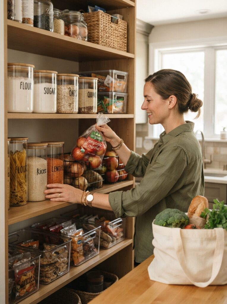 Person putting away groceries into an organized pantry system