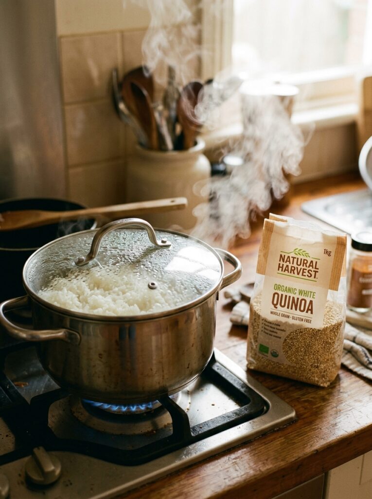 Pot of rice cooking on the stovetop with steam rising
