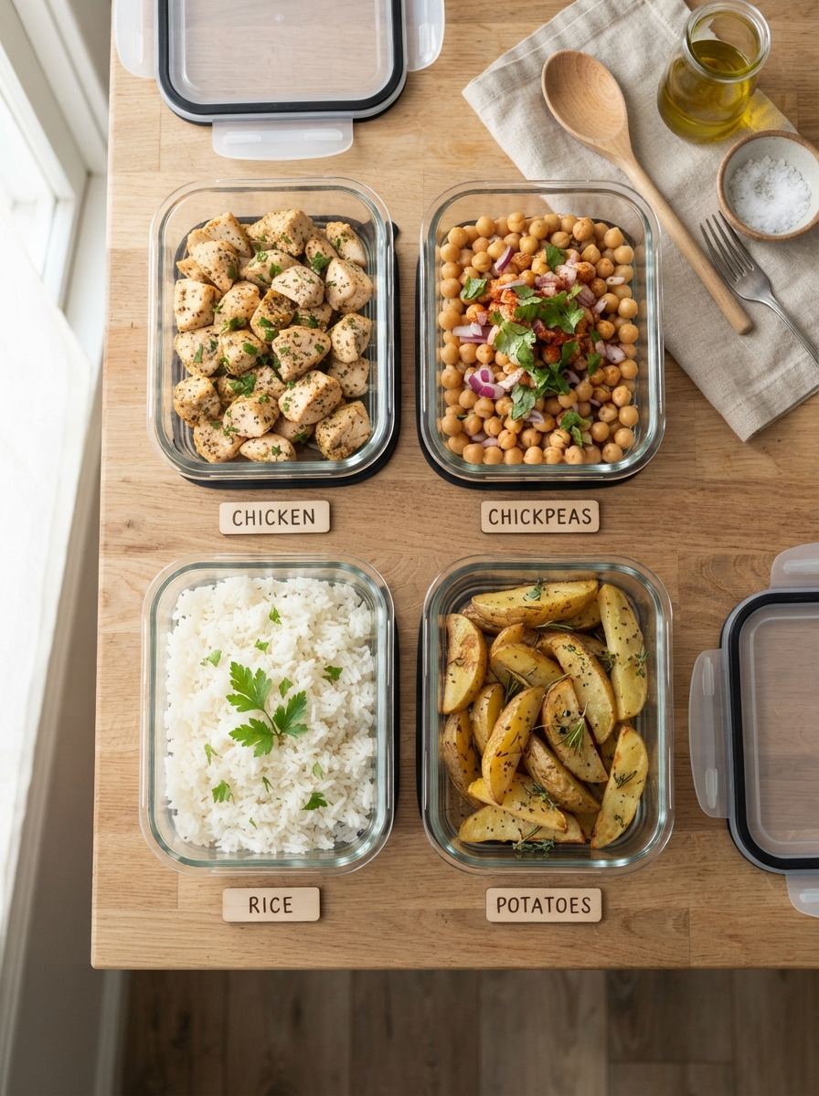 How to Meal Prep Without Getting Bored of Eating the Same Thing 3 How to Meal Prep Without Getting Bored of Eating the Same Thing Two proteins and two carbs separated into containers on a counter