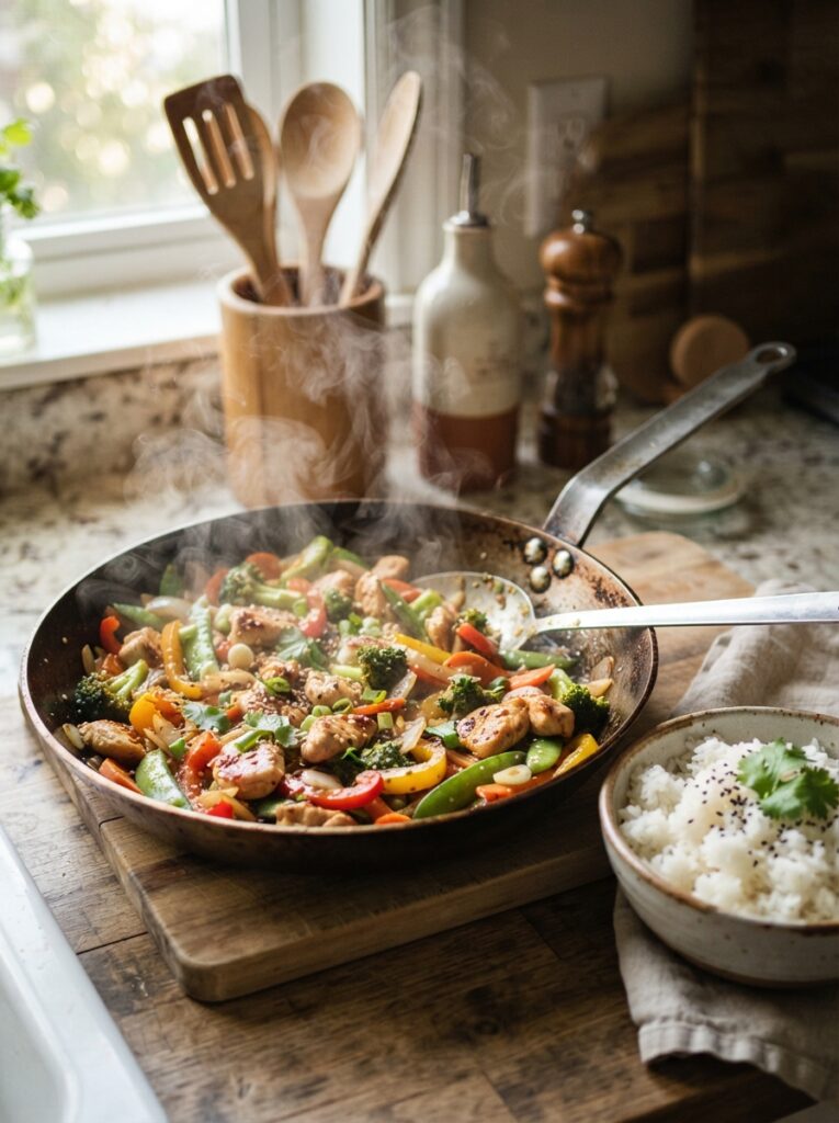 15 Cooking Tips for Busy Families to Save Time, Eat Healthier, and Stress Less 11 15 Cooking Tips for Busy Families to Save Time, Eat Healthier, and Stress Less Quick chicken stir-fry dinner in a skillet