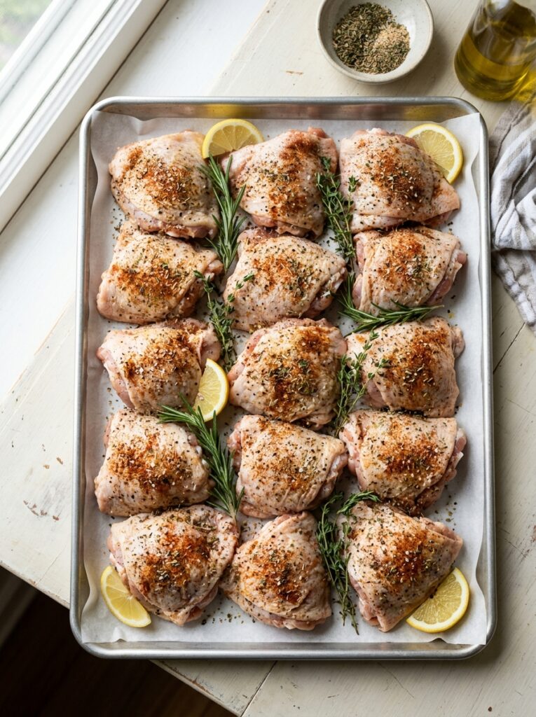 Raw chicken thighs seasoned and arranged on a sheet pan