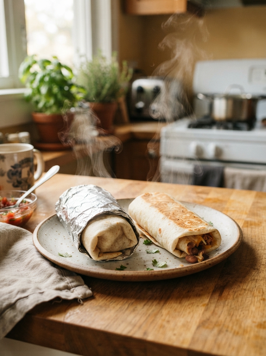 Make-Ahead Freezer Breakfast Burritos 7 Make-Ahead Freezer Breakfast Burritos Foil-wrapped burrito next to an unwrapped one with steam rising